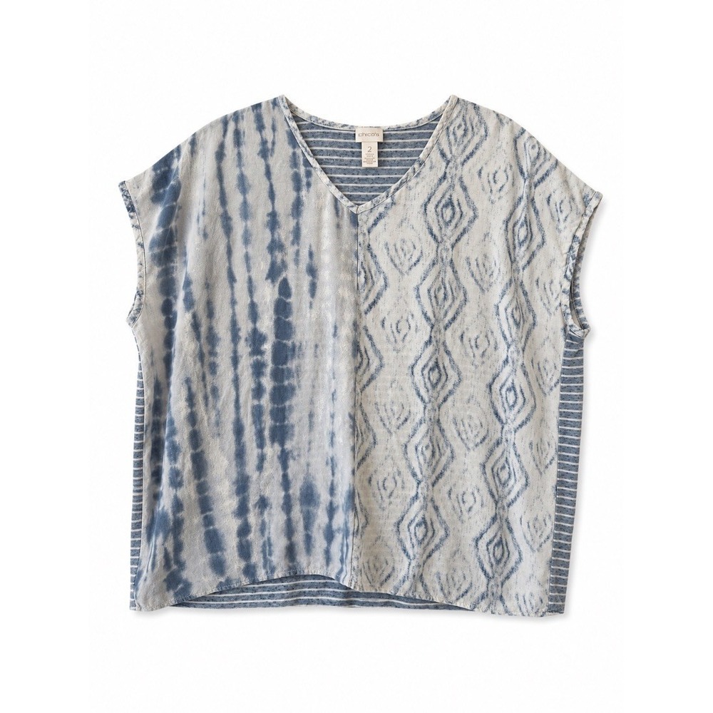 Chicos Womens Mixed Print Boho Top Blue Tie Dye Ikat V Neck Size 2